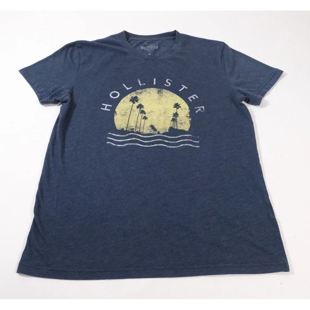 Hollister T-Shirt Mens M Blue Graphic Palm Tree Sunset Short‎ Sleeve Crew Neck